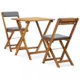 VidaXL Set de bistro pliabil, 3 piese, cu perne, lemn masiv de acacia
