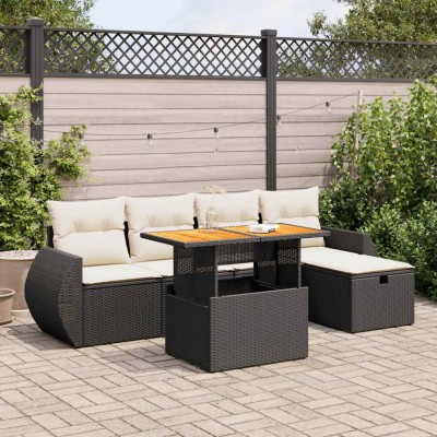 vidaXL Set mobilier grădină perne 6 piese negru poliratan/lemn acacia 3328050 foto