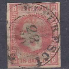 ROMANIA 1868 LP 24 CAROL I CU FAVORITI VALOAREA 18 BANI ROSU STAMPILAT