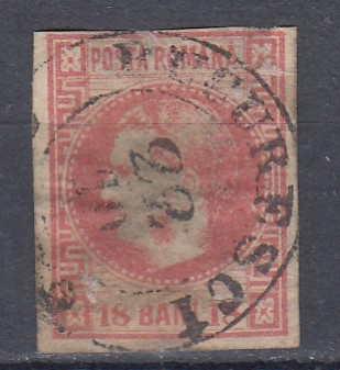 ROMANIA 1868 LP 24 CAROL I CU FAVORITI VALOAREA 18 BANI ROSU STAMPILAT foto