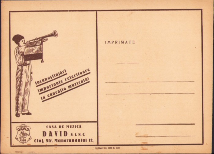 HST A2604N Plic cu reclamă Casa de muzică David, Cluj, perioada interbelică