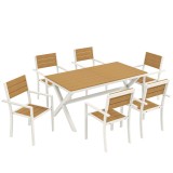 Outsunny Set Masă și Scaune de Grădină 7 Piese, Set Pr&acirc;nz Exterior din Aluminiu cu 6 Scaune Stivuibile, Masă cu Șipci Imitatie Lemn, pentru Terasă, Ba