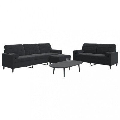vidaXL Set de canapele cu perne/rulouri, 3 piese, negru, catifea 3278506 foto