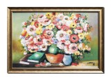 Tablou cu flori colorate si carti pictat manual, Beatitudine, 65x45cm ulei pe panza, Constantin Feraru