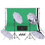 Cumpara ieftin Kit studio foto,lumini,4 umbrele alb,negru,suport fundal 2x3m,2x bec 45W + 3 panze fundal multicolore, Dactylion