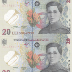 Romania, bancnota 20 lei 2021, Ecaterina Teodoroiu, SERIA A, 2 consecutive