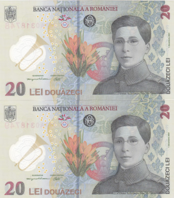 Romania, bancnota 20 lei 2021, Ecaterina Teodoroiu, SERIA A, 2 consecutive foto