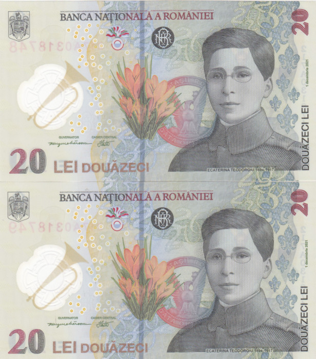 Romania, bancnota 20 lei 2021, Ecaterina Teodoroiu, SERIA A, 2 consecutive