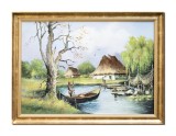 Tablou pictat manual inramat, Peisaj din Delta Dunarii, 80x60cm ulei pe panza, rama din lemn, Geo Ungureanu