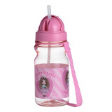 Sticla pentru copii, din plastic, cu pai si capac, 350 ml culoare roz
