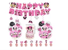 Set 66 Accesorii REDQUIT de Petrecere Aniversara Minnie Mouse, 12 Baloane, 1 Banner Happy Birthday, 24 Cupcake Topper, 1 Topper Tort, 6 Decoratiuni Su
