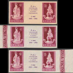 1960 Romania - 3 Triptice ndt Ziua Victoriei varietati margini coala + eseu