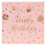 șervețele de Masă Petrecere, Model Baloane Roz Auriu, Happy Birthday, 33x33cm, Set 12 Bucăți