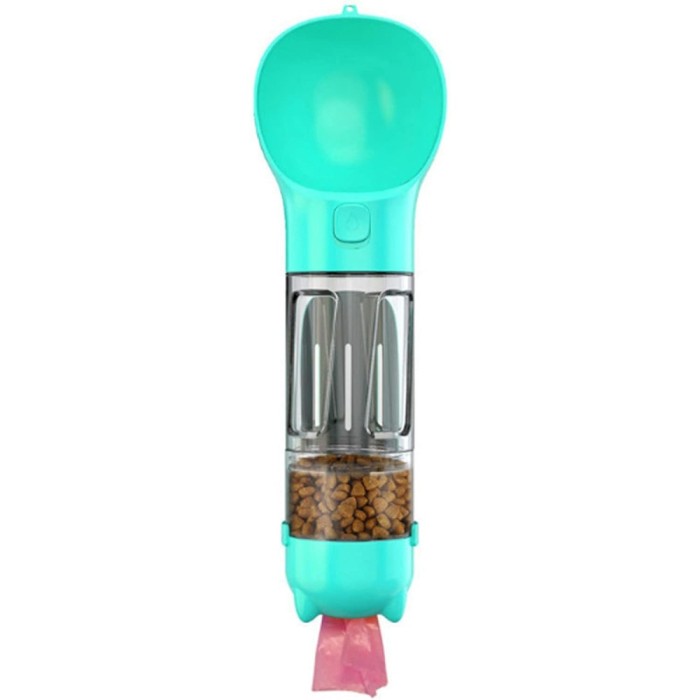 Sticla portabila 4 in 1 flippy, pentru caini si pisici, cu 3 compartimente + lopetica, 300ml, apa, hrana, pungi igienice, lopetica, 26.7 x 9.7 x 9.4 c