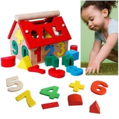 Casuta sortator cu cifre si forme geometrice, lemn, 14x10x10 cm foto