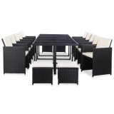 Cumpara ieftin Set mobilier exterior Gossi, 15 piese, poliratan negru, perne incluse, rezistent intemperii, masa sticla, scaune si taburete