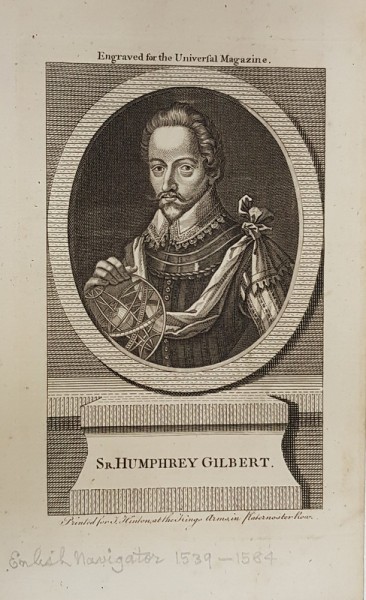 GRAVURA PE ARAMA , SIR HUMPREY GILBERT , NAVIGATOR ENGLEZ 1539 - 1584 de J. HINTON , SECOLUL XIX