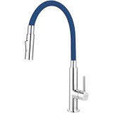 Baterie chiuveta, Ferro, BZA43L, Zumba Slim 2L, monocomanda cu gura flexibila, pipa inalta cu 2 functii, insert ceramic, Albastru