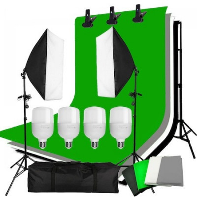 Kit foto studio,2 softbox,suport fundal 2x2 m,4 panze fundal,4x bec LED 25W + geanta transport foto