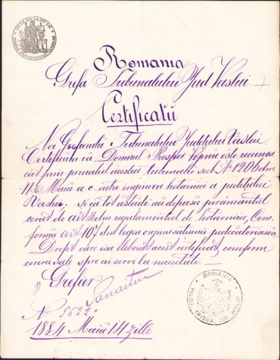 A276 Certificat de inginer hotarnic eliberat de județul Vaslui &icirc;n anul 1884