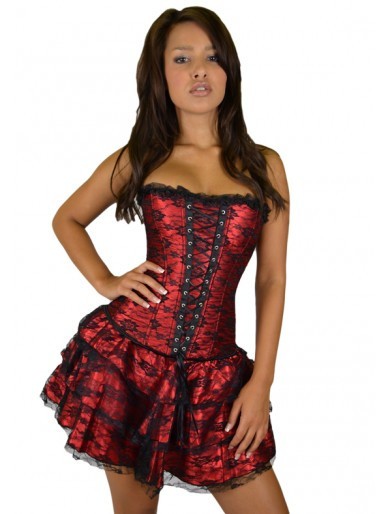 D87-3 Set 3 piese corset elegant cu plasa florala si fusta