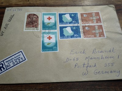 Plic circulat Cipru, Grecia, 1975, francatura deosebita, Crucea Rosie foto