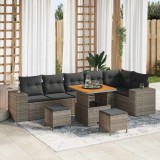 Set de Canapele Grădină cu 9 Piese cu Pernuțe Gri Ratan Sintetic Acacia