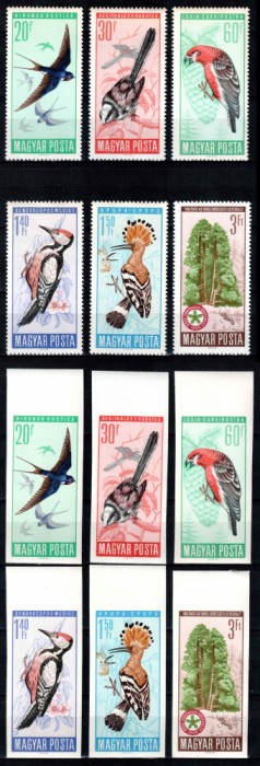 Ungaria 1966, Mi #2231-2236 A+B**, dant + ned, fauna, pasari, MNH. Cota 125,50 &euro;!