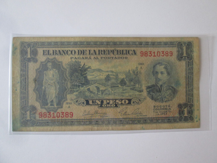 Rara! Columbia 1 Peso Oro 1953,bancnota din imagini