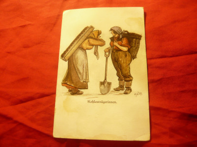 Ilustrata comica -doua muncitoare la carat carbune,inc.sec.XX ,semnat H.Zille foto