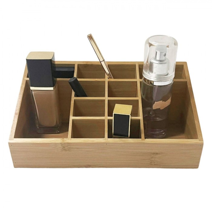 Organizator Cosmetice, Bambus, 12 Compartimente, Dimensiuni 24.5x13x9.5cm, Culoare Maro