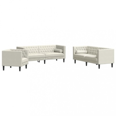 Set canapele Chesterfield cu perne rulou 3 piese, crem, catifea foto