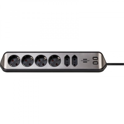 Prelungitor pentru perete/colt Brennenstuhl Estilo, 6 prize, 2xUSB, 3.1 A, cablu H05VV-F 3G1.5, 2m, Argintiu/Negru foto