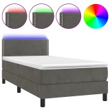 Cumpara ieftin Pat cu arcuri, saltea si LED, gri inchis, 90x190 cm, catifea