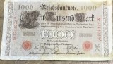 BNKSTR02DE Bancnotă Germania 1000 Mărci / Mark 1910, Serie Roșie, Stare G-VG (Urme Accentuate de Uzură, Cute și Margini Franjurate)