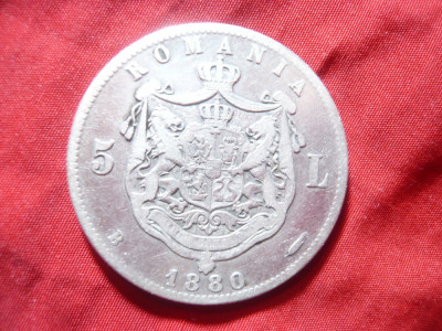 Moneda 5 lei 1880 Carol I , semnatura sub gat , argint , cal.Buna foto