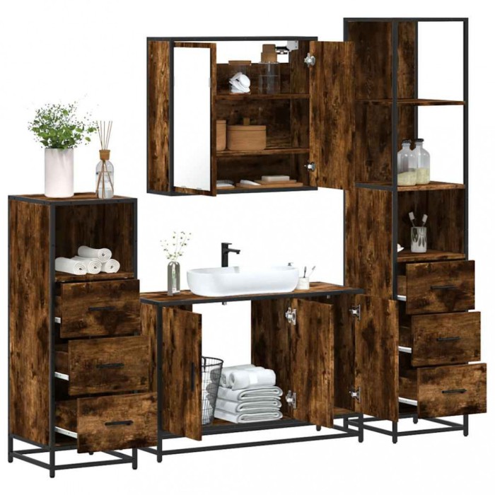 Gossi set de mobilier de baie 4 piese lemn prelucrat de stejar afumat