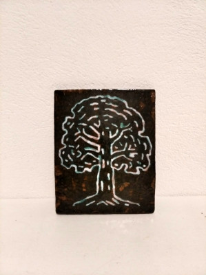 Placa ceramica cu pictura copac, 13x16cm, arta ceramica, obiect decor foto