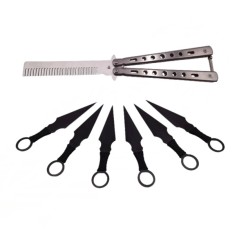 Set Briceag fluture si sase cutite de aruncat, Black Fury, IdeallStore&reg;, otel inoxidabil, teaca inclusa