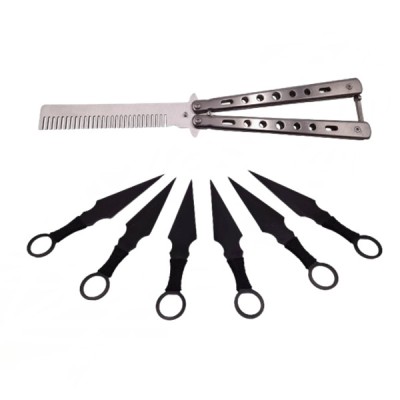 Set Briceag fluture si sase cutite de aruncat, Black Fury, IdeallStore&amp;reg;, otel inoxidabil, teaca inclusa foto