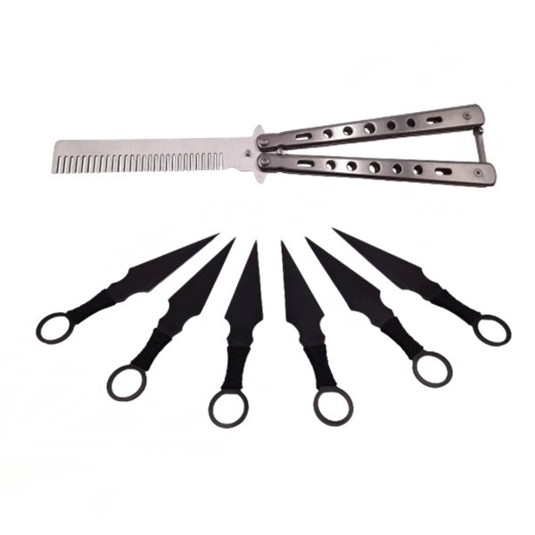 Set Briceag fluture si sase cutite de aruncat, Black Fury, IdeallStore&reg;, otel inoxidabil, teaca inclusa