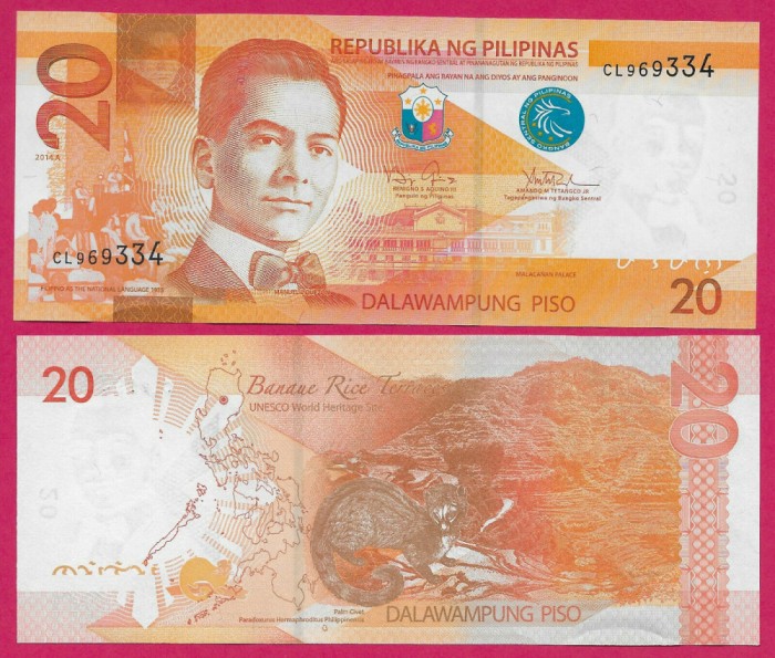 FILIPINE █ bancnota █ 20 Piso █ 2014A █ P-206 █ UNC █ necirculata