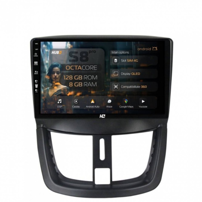 Navigatie Peugeot 207 8GB RAM Android 13 Octacore Slot Sim 4G DSP GPS Wi-FI Carplay Android Auto USB Bluetooth Waze Touchscreen 9 Inch