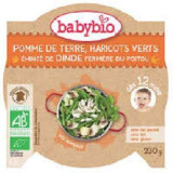 Piure Bio Meniu din morcovi, fasole verde si felii din carne de curcan de ferma, 230g, BabyBio, BabyBio