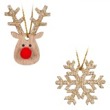 Ornamente Brad Crăciun, Model Fulg și Cerb, Glitter Bej, Set 8 Bucăți, Oem