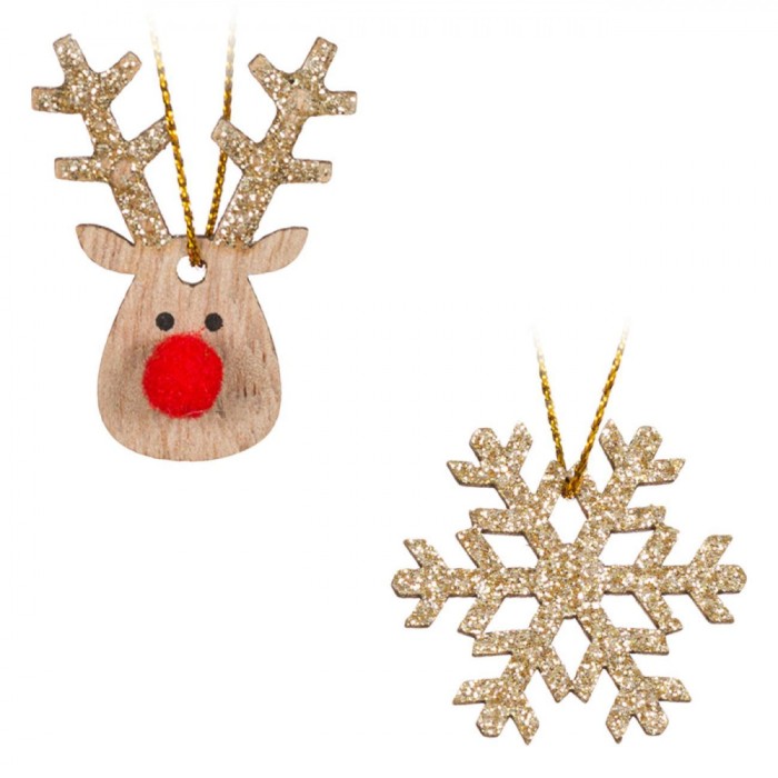 Ornamente Brad Crăciun, Model Fulg și Cerb, Glitter Bej, Set 8 Bucăți