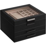 SONGMICS Cutie de bijuterii cu 3 nivele, 2 sertare, capac din sticla si incuietoare, 20x23x14cm, negru Household NewTrend