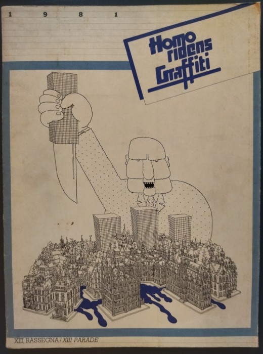 ALBUM GRAFICA UMORISTICA: HOMO RIDENS GRAFFITI (EDITIA A XIII-A, 1981) [LIMBA ITALIANA / ENGLEZA] [cu doua desene decupate]