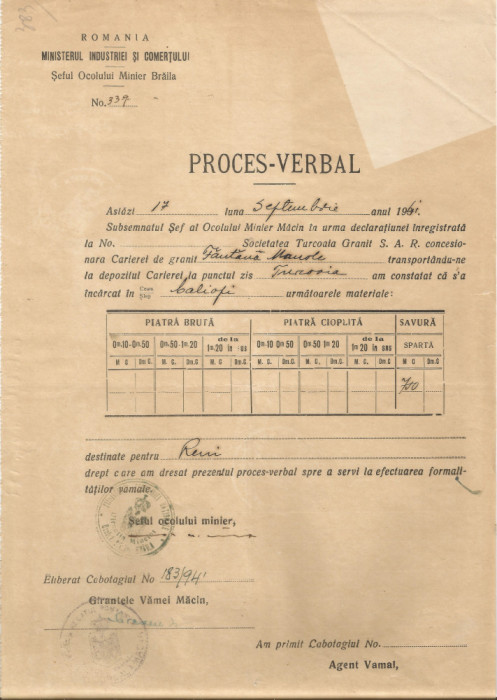 Rom&acirc;nia, Ocolul Minier Brăila, Proces-verbal 1 de &icirc;ncărcare pe ceam, 1941