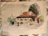Casa veche din Bucuresti, 1956, acuarela pe hartie, Peisaje, Realism